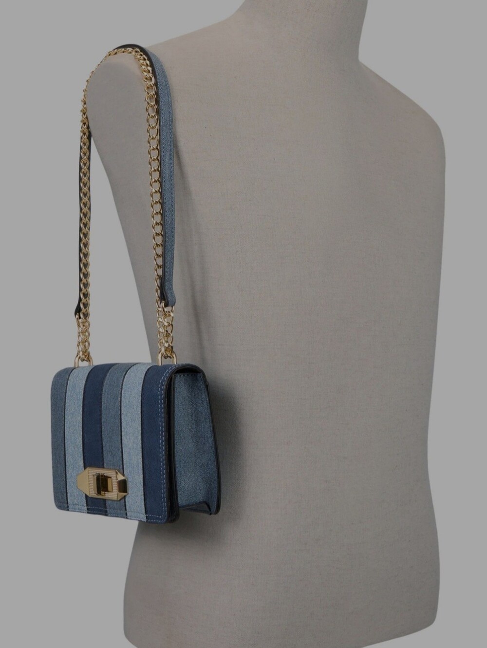 Aldo Striped Denim Panel Crossbody in Mixed Blues with Gold Hardware - Picture 6 of 7